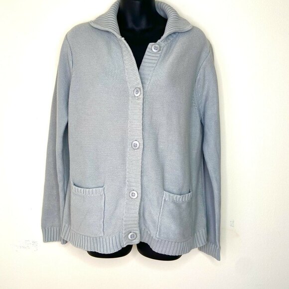SHEN NY Ribbed Collar Cotton Cardigan Sweater Soft Blue Front Pockets Size 4 - Picture 2 of 8